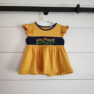 Girl's Carolina Smock Yellow Blue Flutter Sleeve Sunflower Embroidered Top 3T